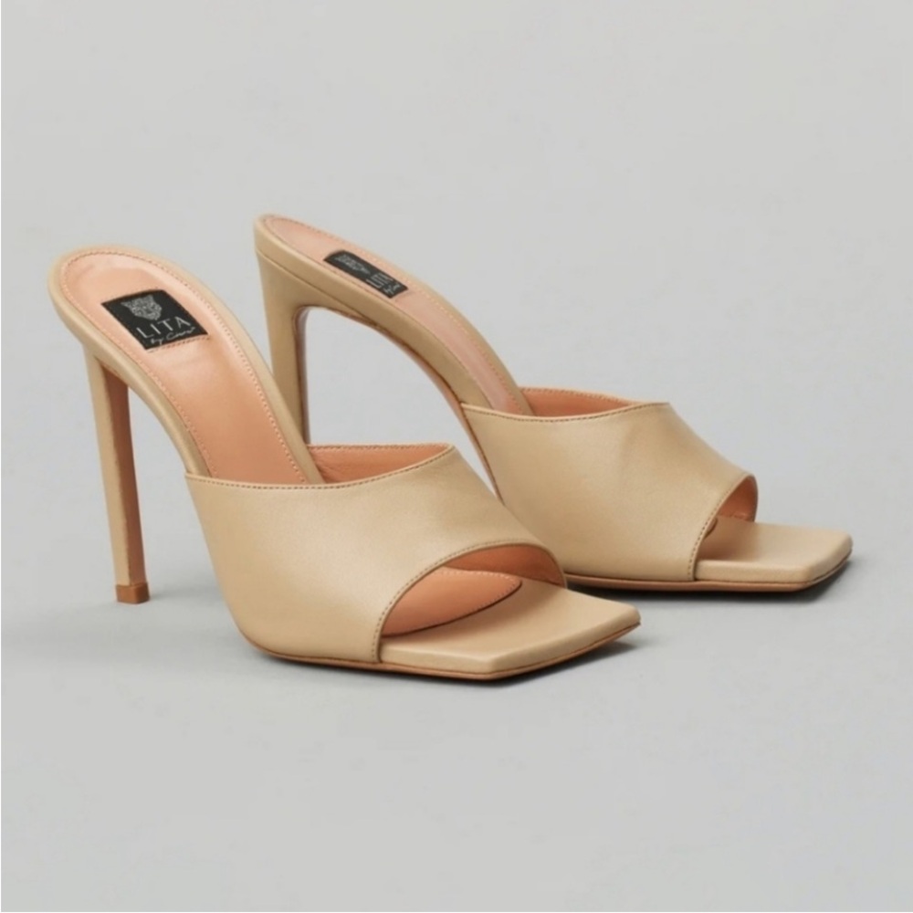 NIB Lita By Ciara /Revolve Square‎ Toe Slide Heel Sandal Size 42/11 Tan 4” Heel